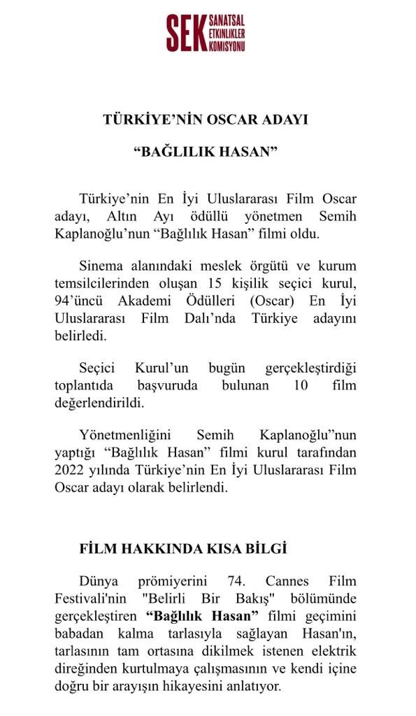 TÜRKİYENİN OSCAR ADAYI BAĞLILIK HASAN